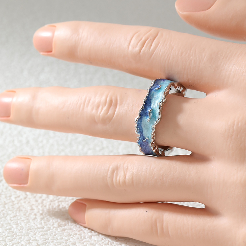 Women's Ocean Wave Blue Enamel Ring, Statement Jewelry
